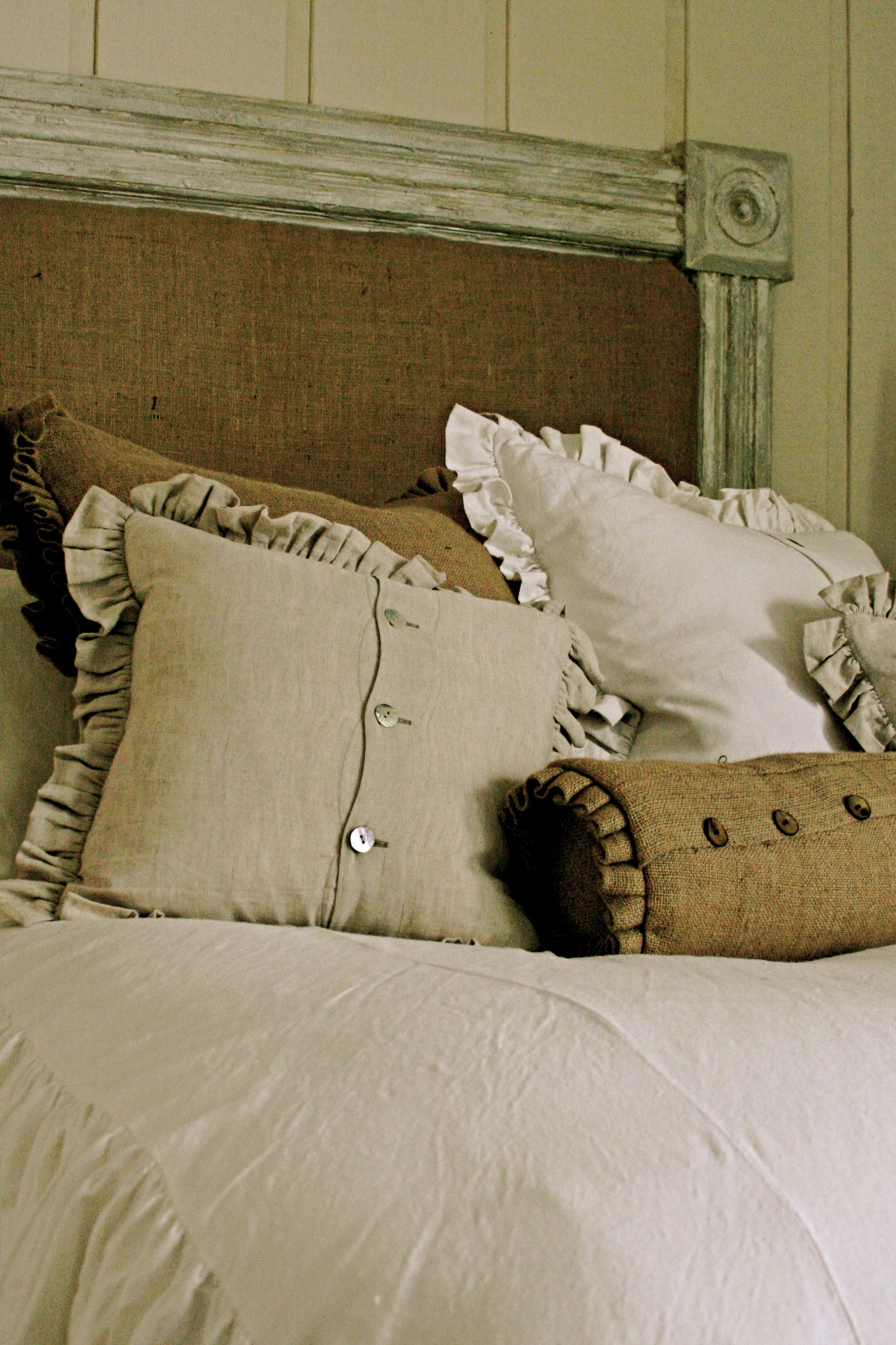 Burlap and lace pillows