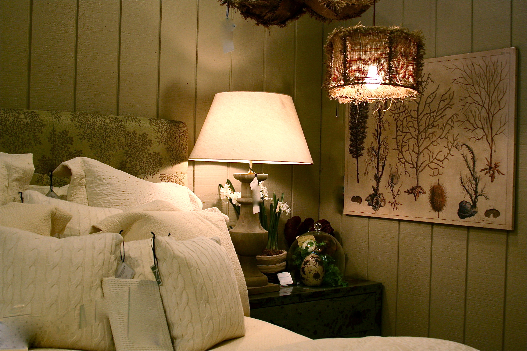 Bedroom and burlap light.