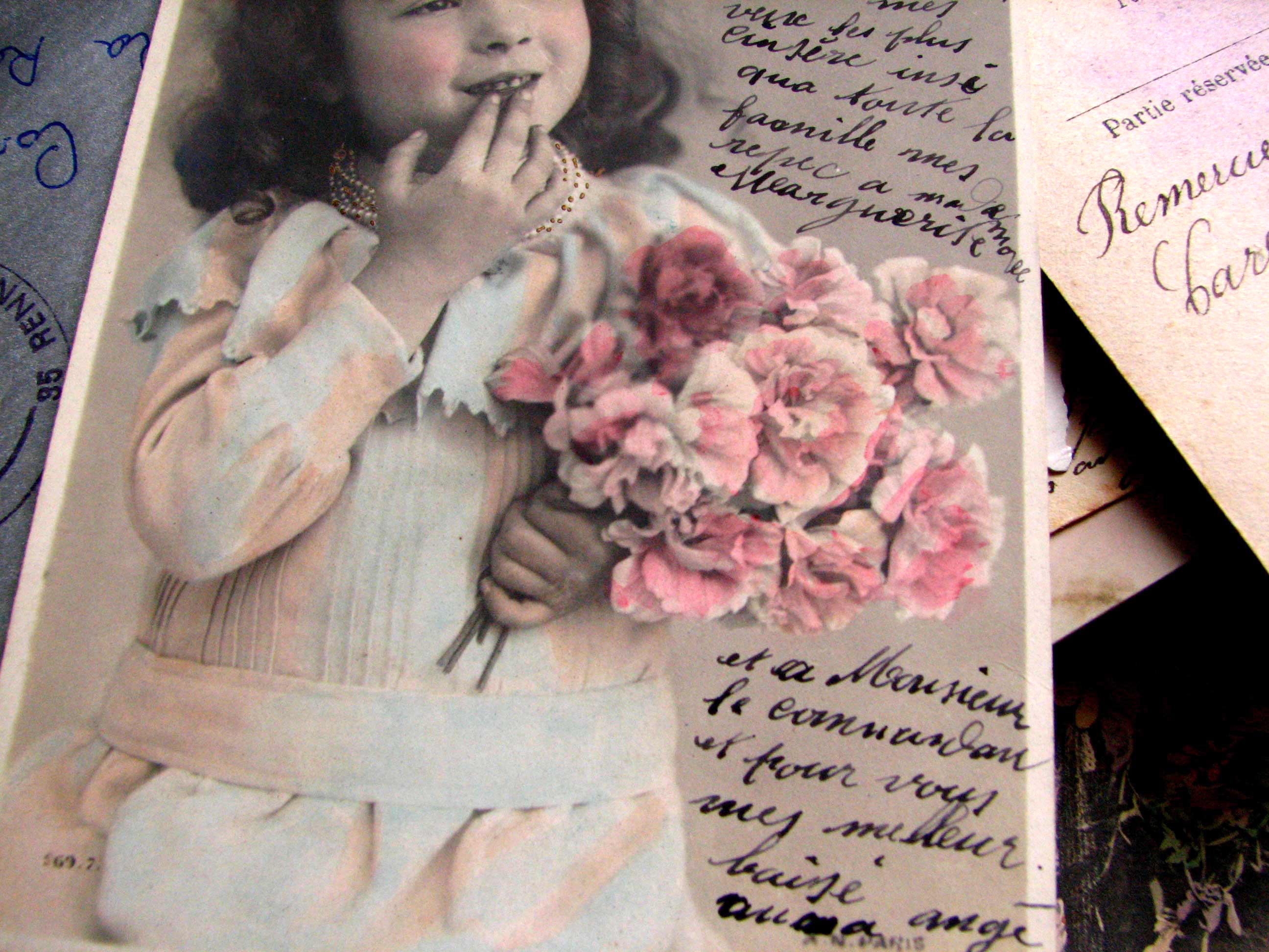 French vintage post card, child with flowers French vintage post card, child with flowers