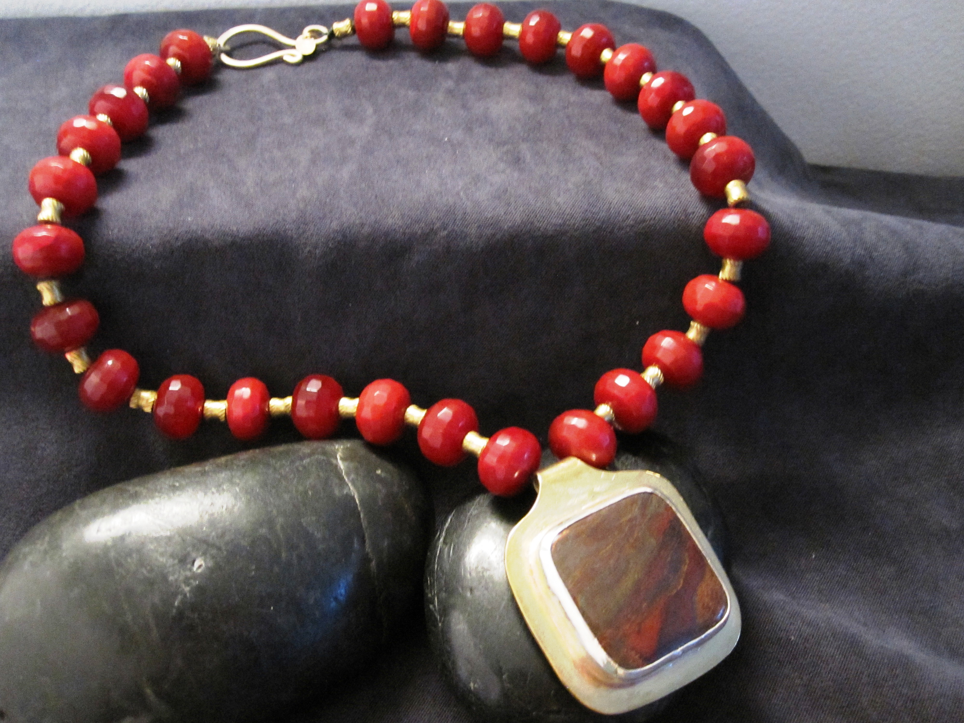 Red Tiger Iron Pendant with Red Jasper and Brass necklace