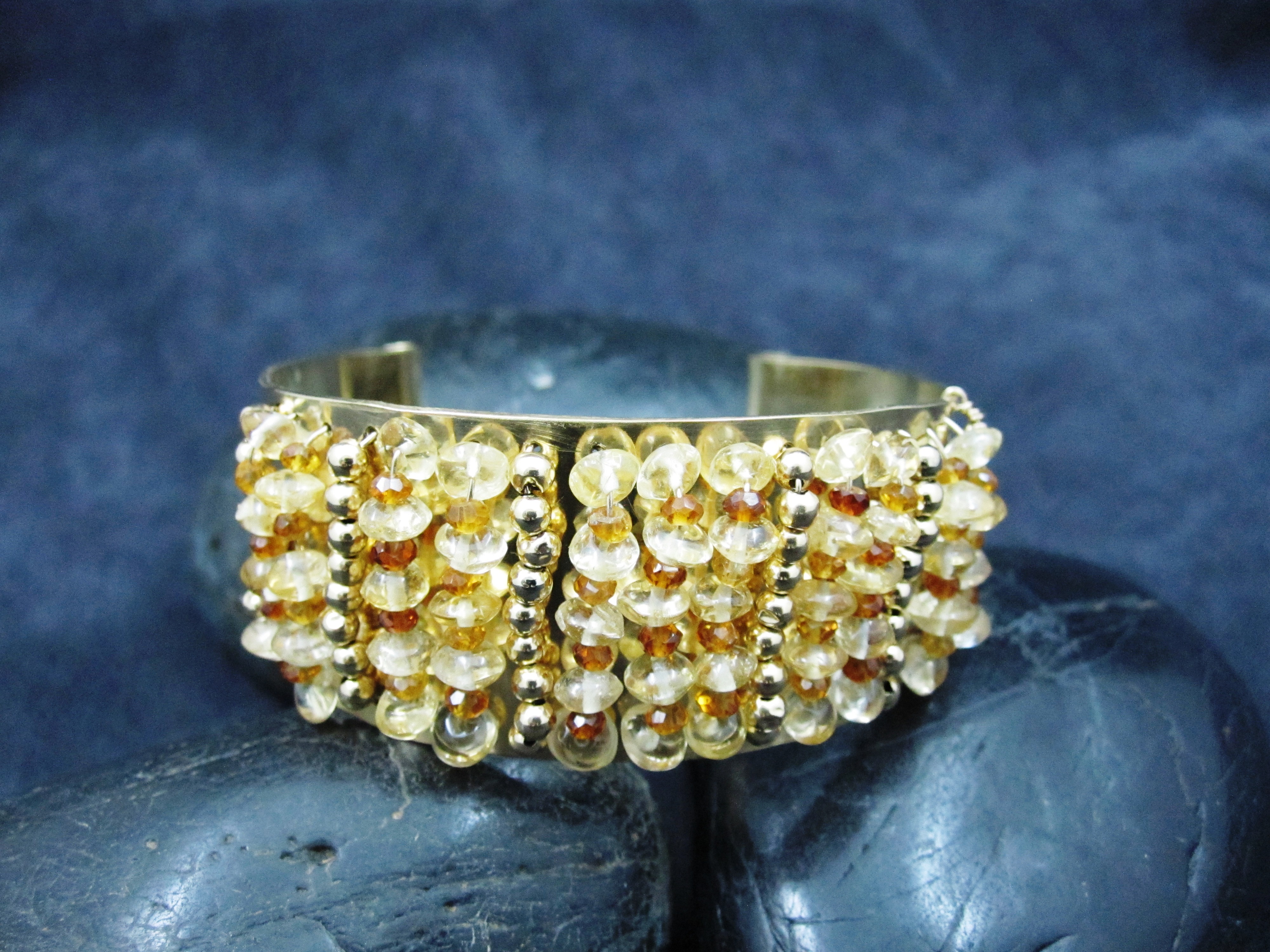 Brass Cuff woven with Citrine and Gold beads
