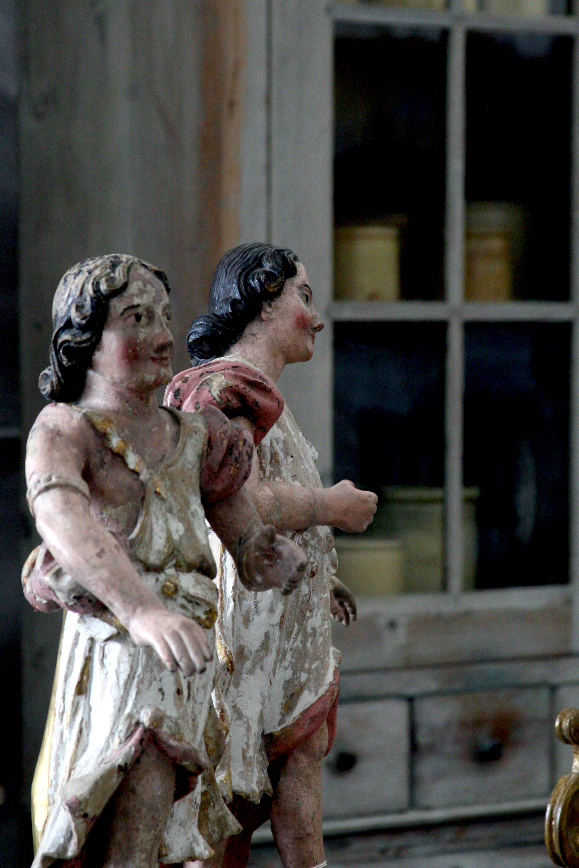 French antique hand carved wooden angels