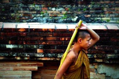 Buddhist monk with broom Buddhist monk with broom