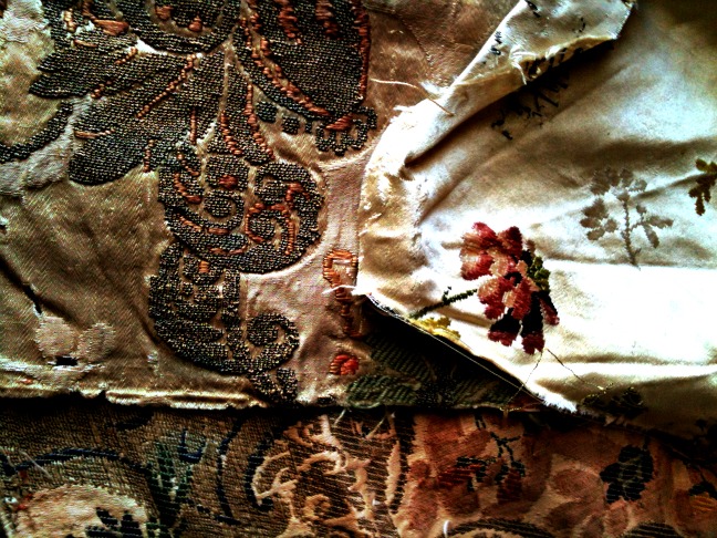 18th century French textiles, silver beads, 18th century French textiles, silver beads,