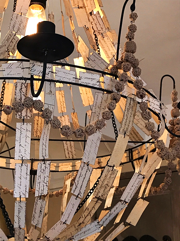 light fixture made with old paper, #brocante #antique #fleamarket #france #vintage #shop #????? #?????????? #????? #???? #??????? #decor #frenchstyle #basket